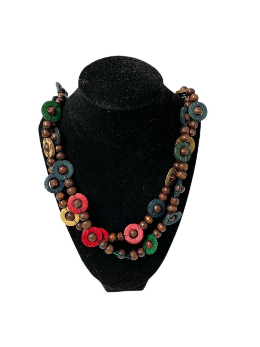 Colorful Wooden Beaded Necklace Multicolor Circles & Brown Beads 30" Handcrafted